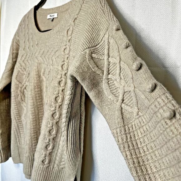 Madewell Beige Merino Wool Cable Knit Crew Neck Long Sleeve Pom Pullover Sweater - Picture 8 of 11